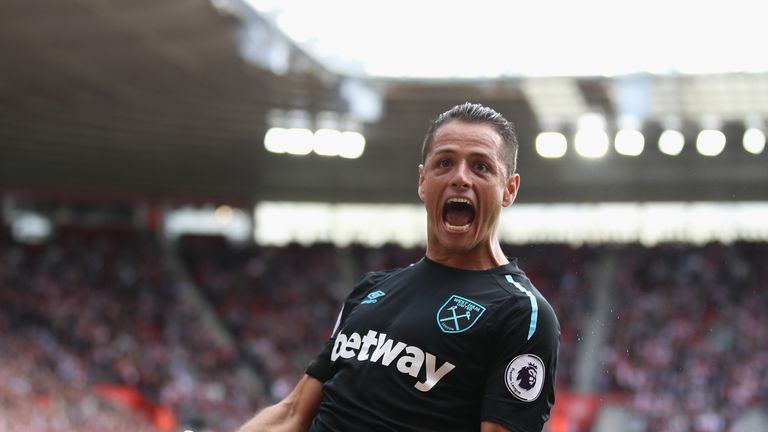 SOUTHAMPTON, ENGLAND - AUGUST 19:  Javier Hernandez of West Ham celebrates scoring his teams second goal during the Premier League match between Southampto