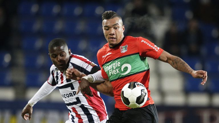 Jay-Roy Grot of NEC Nijmegen in action during the Dutch Eredivisie match against Willem II