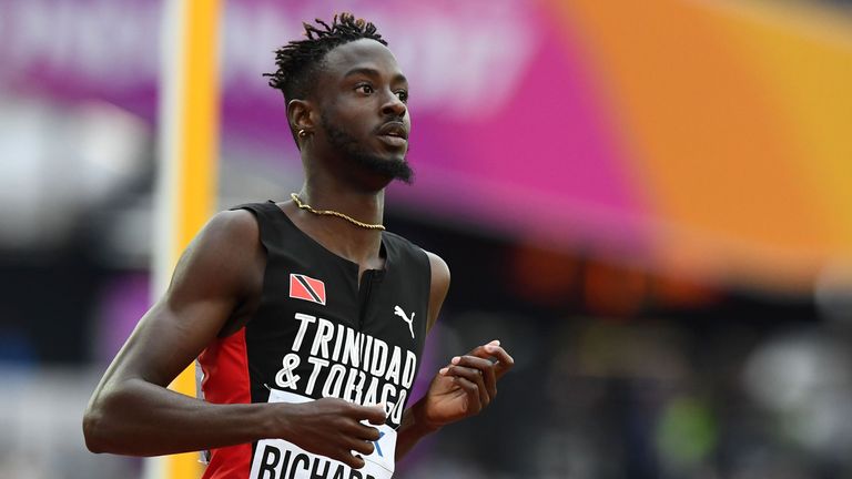 Trinidad and Tobago's Jereem Richards competes in the heats of the men's 200m athletics event at the 2017 IAAF World Championships at the London Stadium in