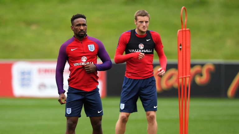 Jermaine Defoe and Jamie Vardy during a England training session ahead of their World Cup Qualifiers