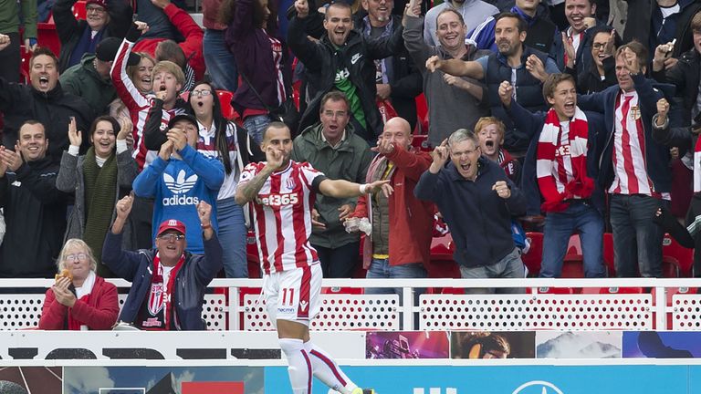 Stoke City's Spanish striker Jese celebrates scoring the opening goal of the English Premier League football match between Stoke City and Arsenal at the Be