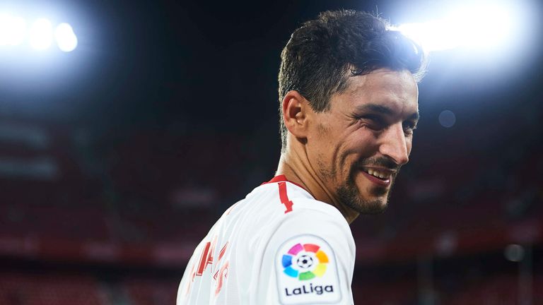 SEVILLE, SPAIN - AUGUST 10:  Jesus Navas of Sevilla FC looks on during a Pre Season Friendly match between Sevilla FC and AS Roma at Estadio Ramon Sanchez 