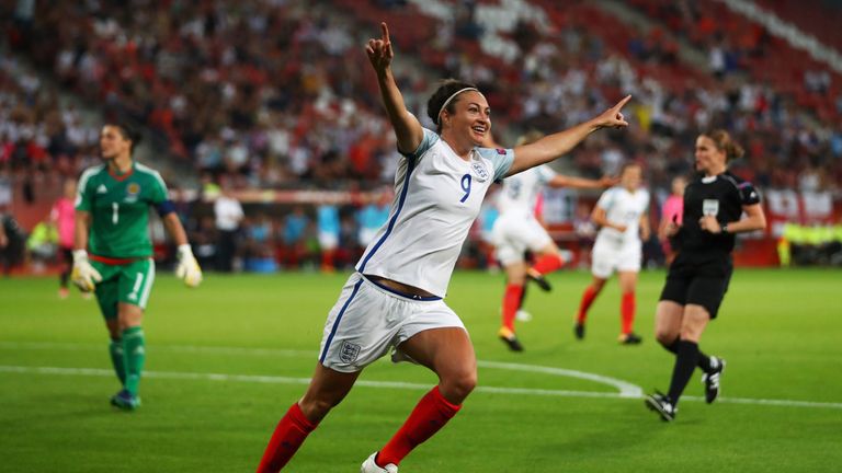 UTRECHT, NETHERLANDS - JULY 19:  Jodie Taylor of England celebrates after scoring her hatrick and the teams fourth goal during the UEFA Women's Euro 2017 G