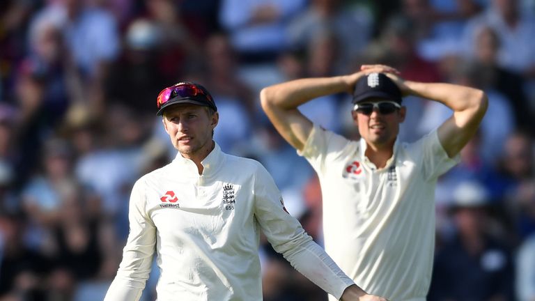 LEEDS, ENGLAND - AUGUST 26:  England captain Joe Root asks for a umpire review alongside Alastair Cook during day two of the 2nd Investec Test between Engl