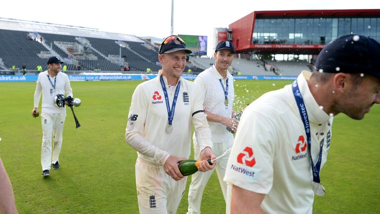 MANCHESTER, ENGLAND - AUGUST 07:  England captain Joe Root celebrates after winning the Investec Test series between England and South Africa at Old Traffo