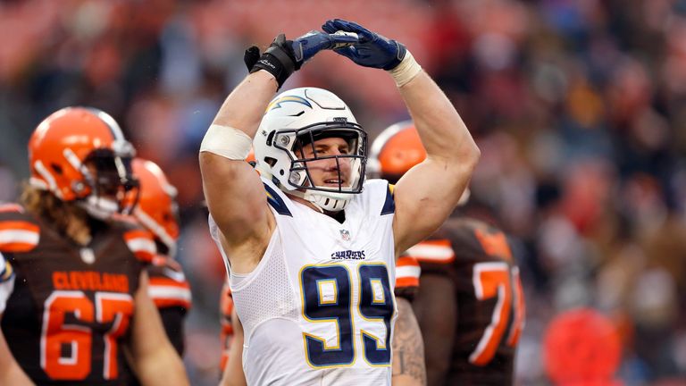 CLEVELAND, OH - DECEMBER 24:  Joey Bosa #99 of the San Diego Chargers reacts after sacking Robert Griffin III #10 of the Cleveland Browns (not pictured) in