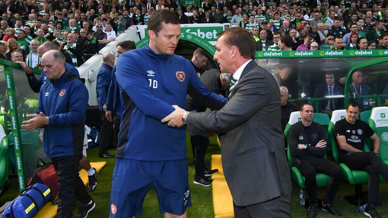 05/08/17 LADBROKES PREMIERSHIP. CELTIC v HEARTS. CELTIC PARK - GLASGOW. Interim Hearts manager Jon Daly (left) with Celtic manager Brendan Rodgers