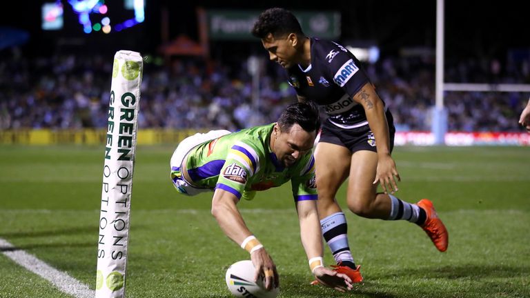 SYDNEY, AUSTRALIA - AUGUST 05: Jordan Rapana of the Raiders scores a try during the round 22 NRL match between the Cronulla Sharks and the Canberra Raiders