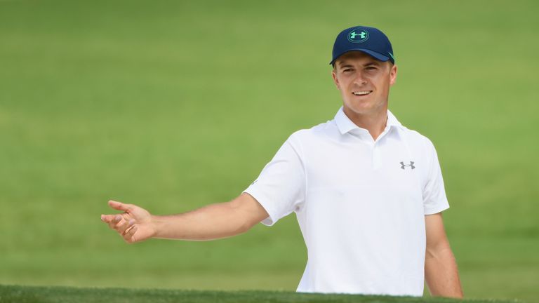 Jordan Spieth of the United States reacts to his bunker shot on the fourth hole during the third round of the 2017 PGA Championship