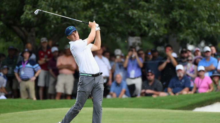 Jordan Spieth of the United States plays his shot on the first hole during the third round of the 2017 PGA Championship at Quail Hollow