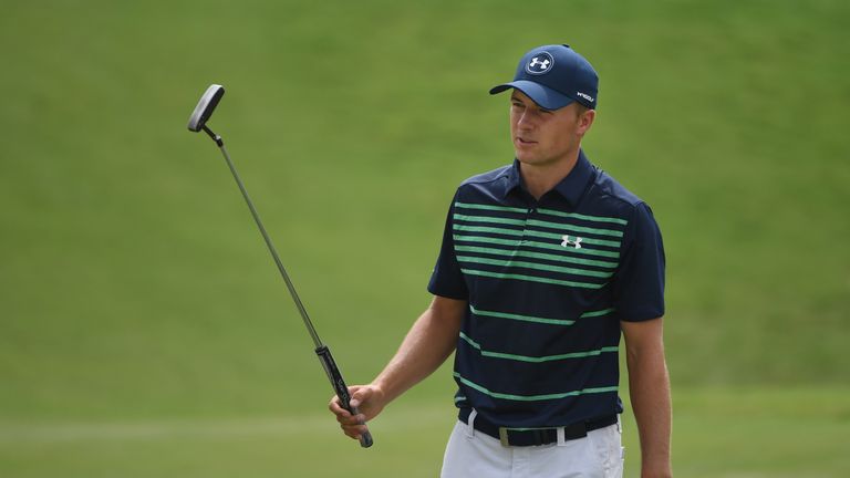 CHARLOTTE, NC - AUGUST 13:  Jordan Spieth of the United States reacts to his putt on the first green during the final round of the 2017 PGA Championship at