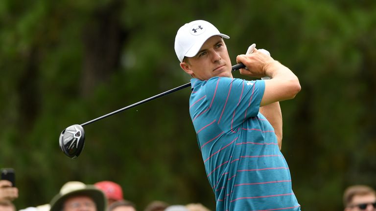 CHARLOTTE, NC - AUGUST 07: Jordan Spieth hits off a tee during a practice round prior to the 2017 PGA Championship at Quail Hollow Club on August 7, 2017 i