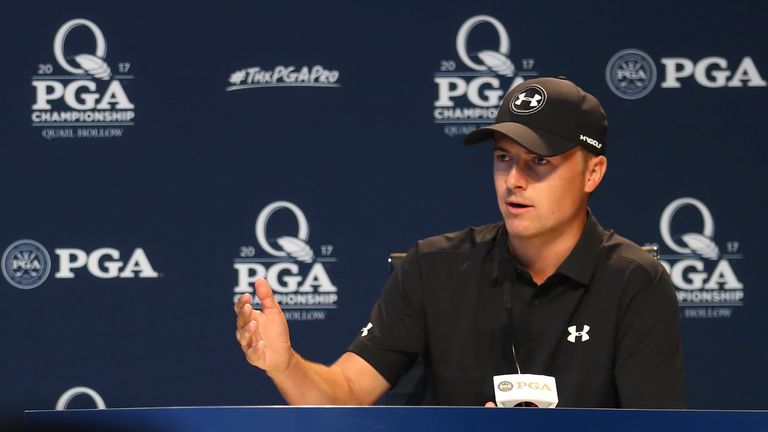 CHARLOTTE, NC - AUGUST 09:  Jordan Spieth of the United States speaks during a press conference during a practice round prior to the 2017 PGA Championship 