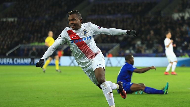 LEICESTER, ENGLAND - NOVEMBER 22:  Jose Izquierdo of Club Brugge celebrates scoring his sides first goal during the UEFA Champions League match between Lei