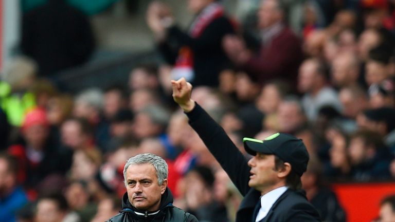 Chelsea's Italian head coach Antonio Conte (R) gestures on the touchline as Manchester United's Portuguese manager Jose Mourinho looks on