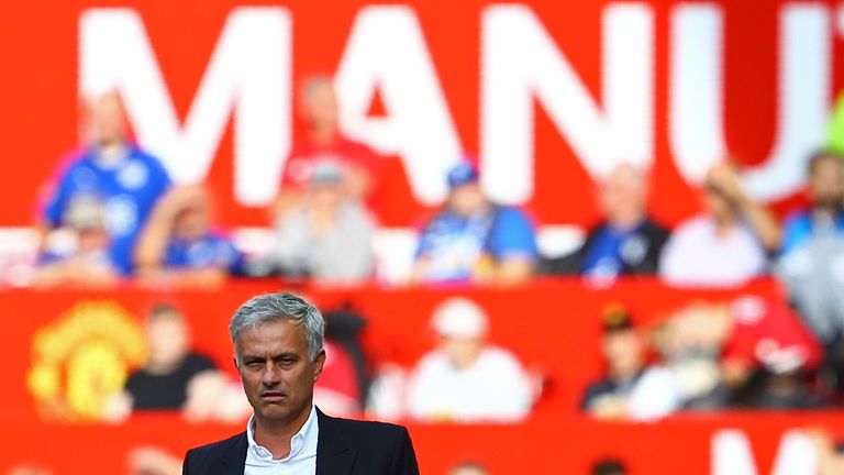 Jose Mourinho on the touchline during the Premier League match between Manchester United and Leicester City