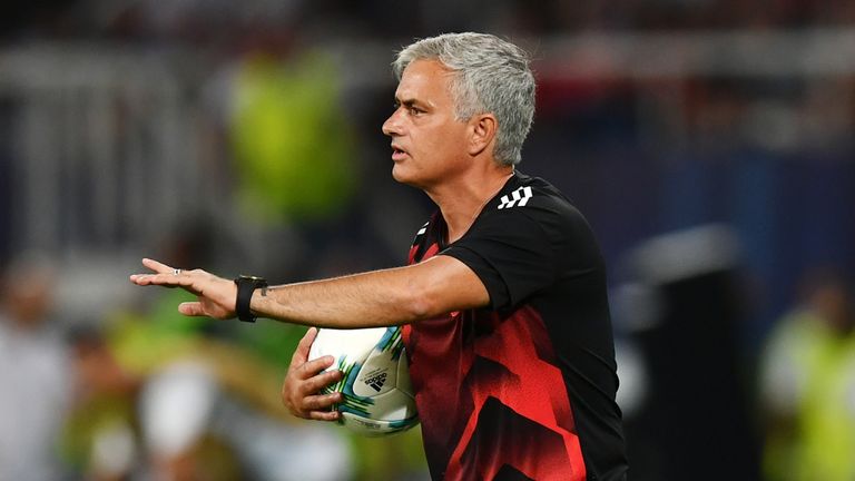 Jose Mourinho, Manager of Manchester United gives his team instructions during the UEFA Super Cup final between Real Madrid and Man Utd