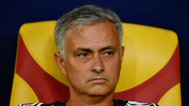 SKOPJE, MACEDONIA - AUGUST 08:  Jose Mourinho, Manager of Manchester United looks on prior to the UEFA Super Cup final between Real Madrid and Manchester U