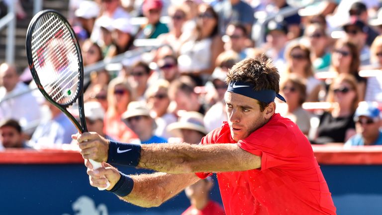 MONTREAL, QC - AUGUST 09:  Juan Martin del Potro of Argentina returns the ball against Denis Shapovalov of Canada during day six of the Rogers Cup presente