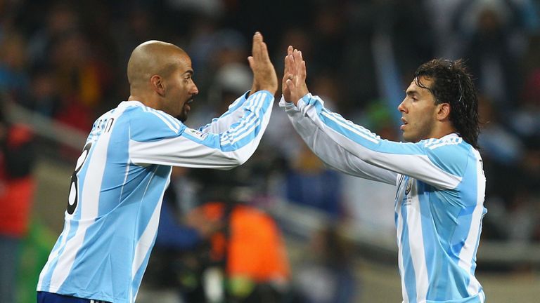 Juan Veron comes on as substitute for double goalscorer Carlos Tevez during the 2010 FIFA World Cup with Mexico