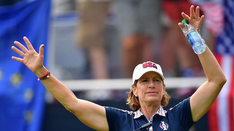 WEST DES MOINES, IA - AUGUST 20:  Juli Inkster, Captain of Team USA reacts during the final day singles matches of The Solheim Cup at Des Moines Golf and C
