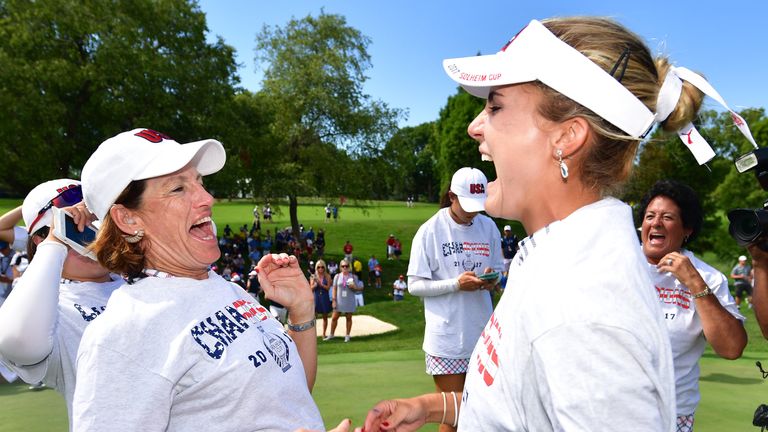 WEST DES MOINES, IA - AUGUST 20:  Juli Inkster, Captain of Team USA  celebrates with Lexi Thompson after the final day singles matches of The Solheim Cup a