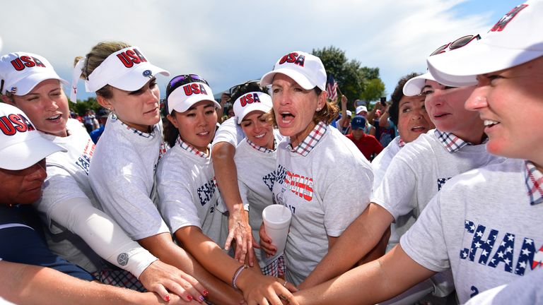 WEST DES MOINES, IA - AUGUST 20:  Juli Inkster, Captain of Team USA leads her team's celebrateion during the final day singles matches of The Solheim Cup a