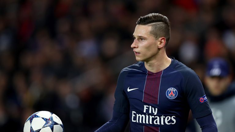 PARIS, FRANCE - FEBRUARY 14:  Julian Draxler of Paris Saint-Germain looks on during the UEFA Champions League Round of 16 first leg match between Paris Sai