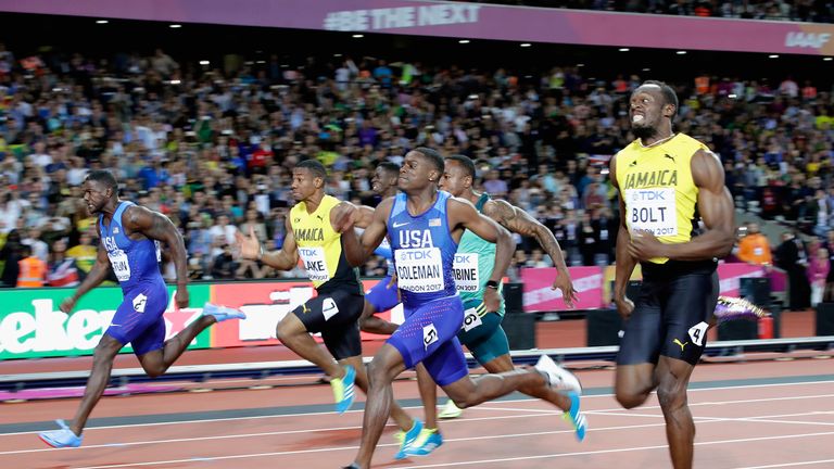 LONDON, ENGLAND - AUGUST 05:  Justin Gatlin (left) of the United States leads the Men's 100 metres final from Christian Coleman of the United States and Us