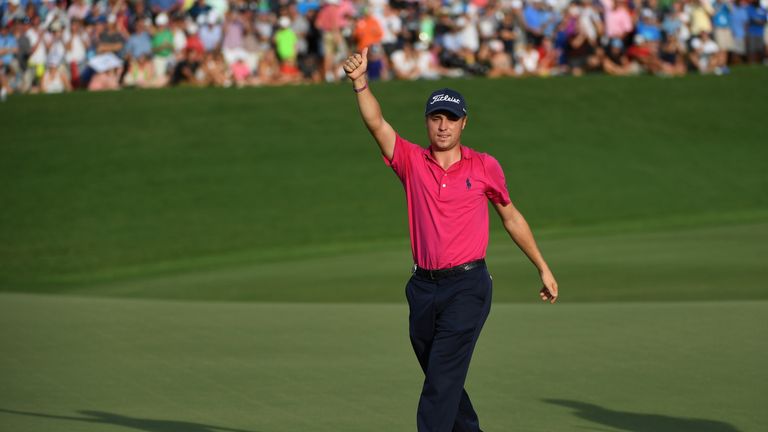 Justin Thomas celebrates his victory in the PGA Championship