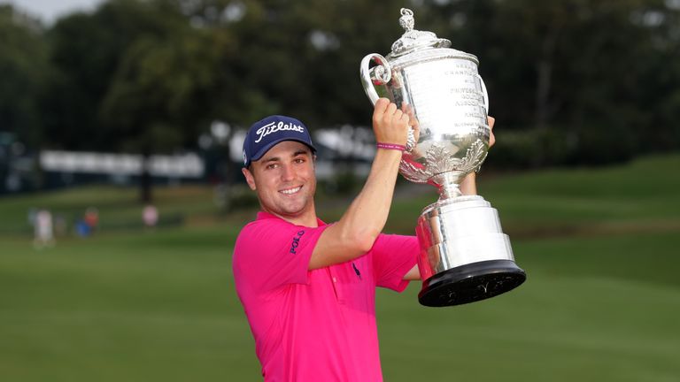 CHARLOTTE, NC - AUGUST 13:  Justin Thomas of the United States poses with the Wanamaker Trophy after winning the 2017 PGA Championship during the final rou