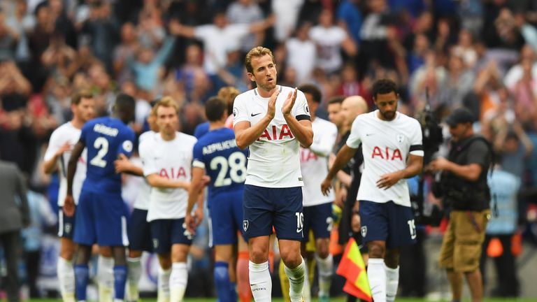 LONDON, ENGLAND - AUGUST 20: Harry Kane of Tottenham Hotspur shows appreciation to the fans after the Premier League match between Tottenham Hotspur and Ch