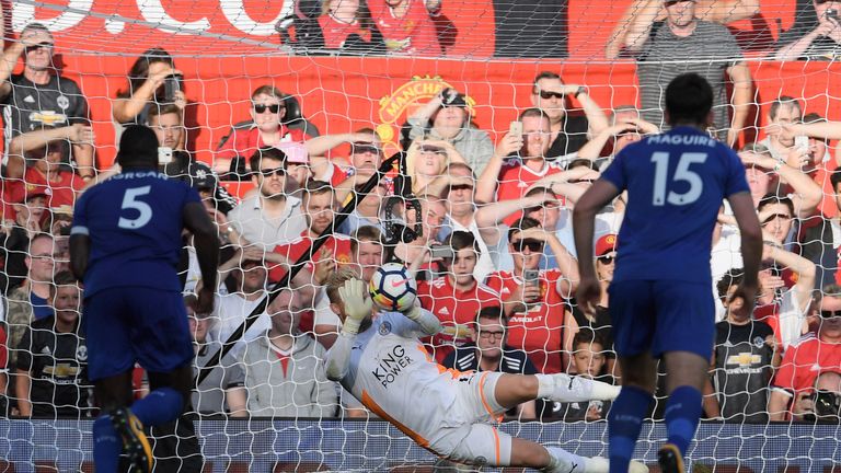 MANCHESTER, ENGLAND - AUGUST 26: Kasper Schmeichel of Leicester City saves Romelu Lukaku of Manchester United (not pictured) penalty during the Premier Lea