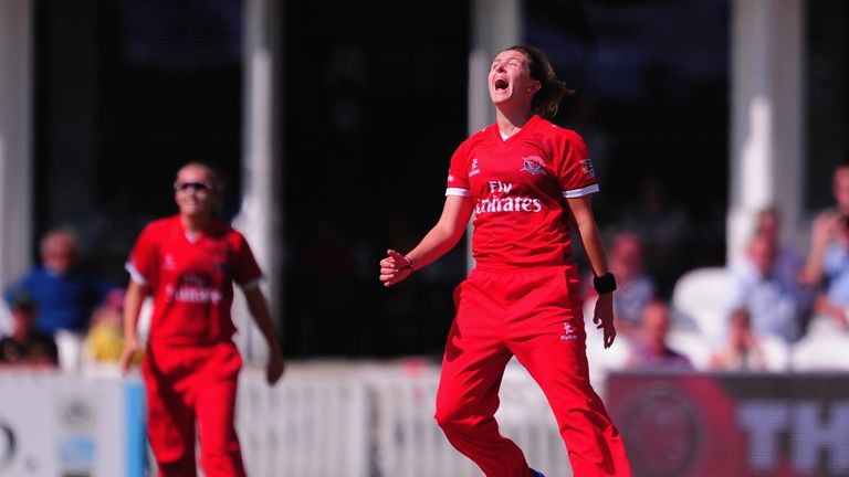 TAUNTON, UNITED KINGDOM - JULY 31: Kate Cross of Lancashire Thunder celebrates after dismissing Rachel Priest of Western Storm during the KSL match between