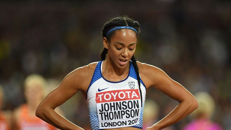 Britain's Katarina Johnson-Thompson reacts after the 800m of the women's heptathlon athletics event at the 2017 IAAF World Championships at the London Stad