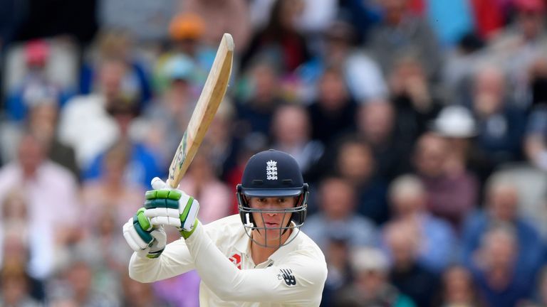 MANCHESTER, ENGLAND - AUGUST 06:  England batsman Keaton Jennings drives to the boundary during day three of the 4th Investec Test Match between England an