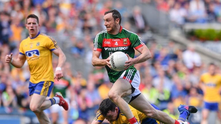 7 August 2017; Keith Higgins of Mayo in action against Tadhg O'Rourke of Roscommon 