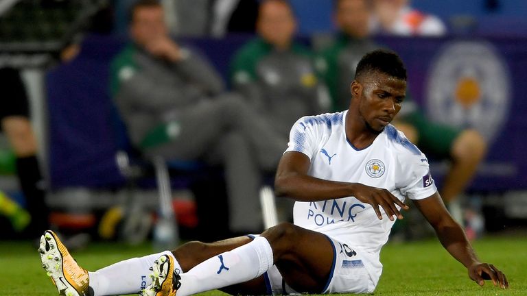 LEICESTER, ENGLAND - AUGUST 04:  Kelechi Iheanacho Leicester is injured during the preseason friendly match between Leicester City and Borussia Moenchengla
