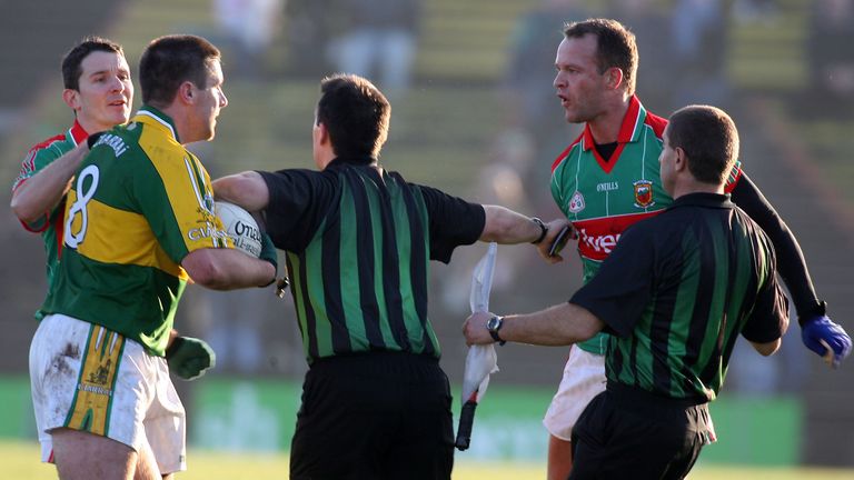 National Football League 4/2/2007.Mayo vs Kerry.David Brady of Mayo and Darragh O'Se of Kerry have to be separated by the referee and linesman 