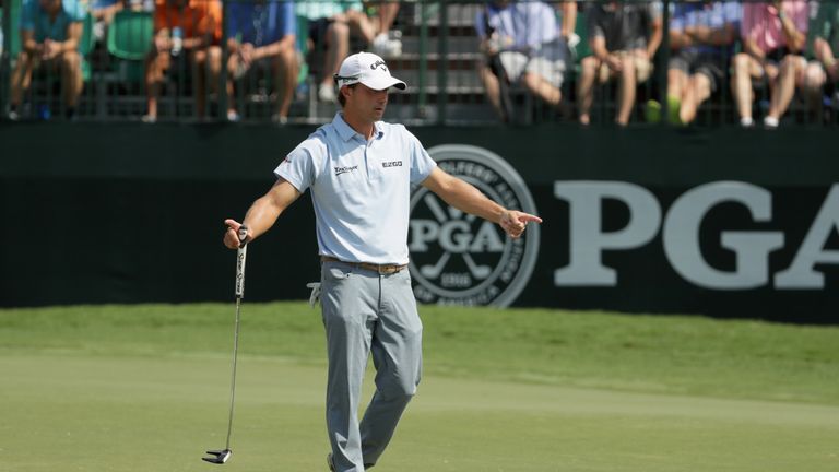 Kevin Kisner of the United States reacts to his putt on the fifth green during the final round of the 2017 PGA Championship 