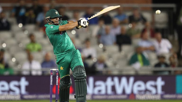 Pakistan's Khalid Latif hits four from the bowling of England's Liam Plunkett, during the Natwest T20 match at Old Trafford