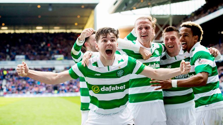 Tierney celebrates Callum McGregors' goal at Ibrox in April