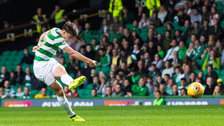 Kieran Tierney lashes in the goal of the night from around 35 yards