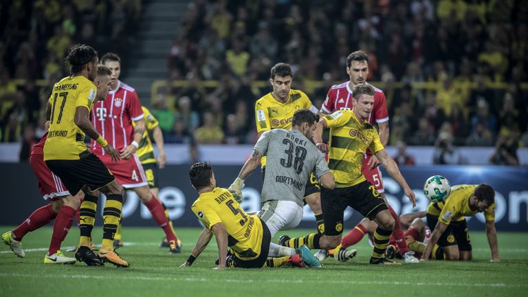 Goalkeeper Roman Buerki of Dortmund scores an own net goal during the DFL Supercup 2017 match between Borussia Dortmund  and Bayern Muenchen at Signal Idun