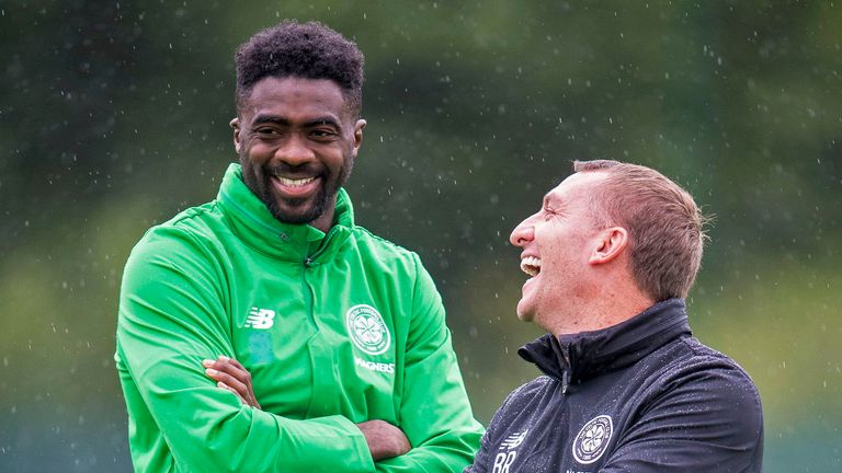 Celtic manager Brendan Rodgers (right) shares a joke with Kolo Toure, August 25 2017