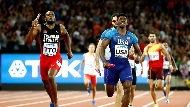 Lalonde Gordon (left) ran a great last leg to clinch gold for Trinidad & Tobago