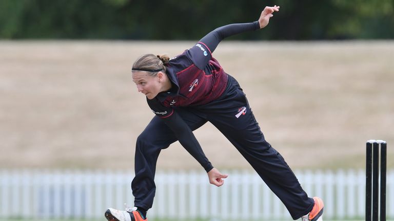 CHRISTCHURCH, NEW ZEALAND - FEBRUARY 12:  Lea Tahuhu of the Magicians bowls during the Women's One Day Final match between Canterbury Magicians and Aucklan