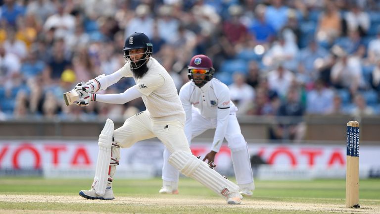 England batsman Moeen Ali hits out during day four of the 2nd Investec Test Match between England and West Indies at Headingley
