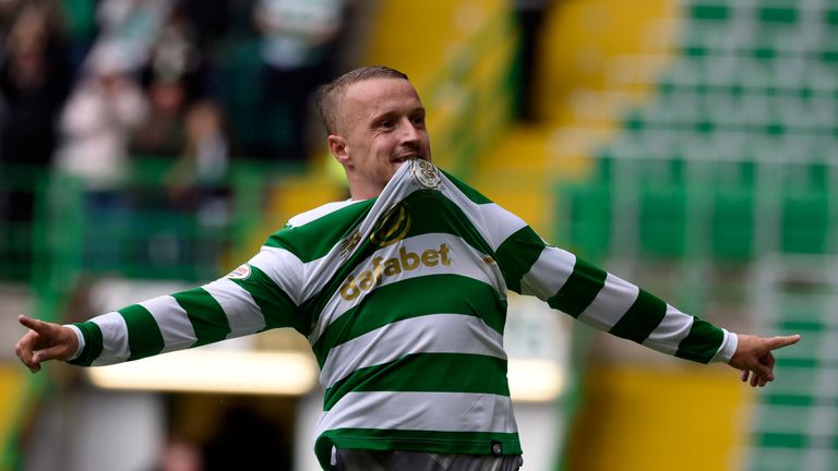 Celtic's Leigh Griffiths celebrates after scoring the first goal during the Ladbrokes Scorrish Premiership match at Celtic Park, Glasgow.