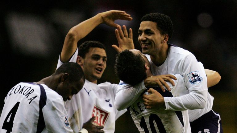 LONDON - NOVEMBER 05:  Aaron Lennon of Tottenham is congratulated by team mate Robbie Keane (10) after scoring his teams second goal of the game during the